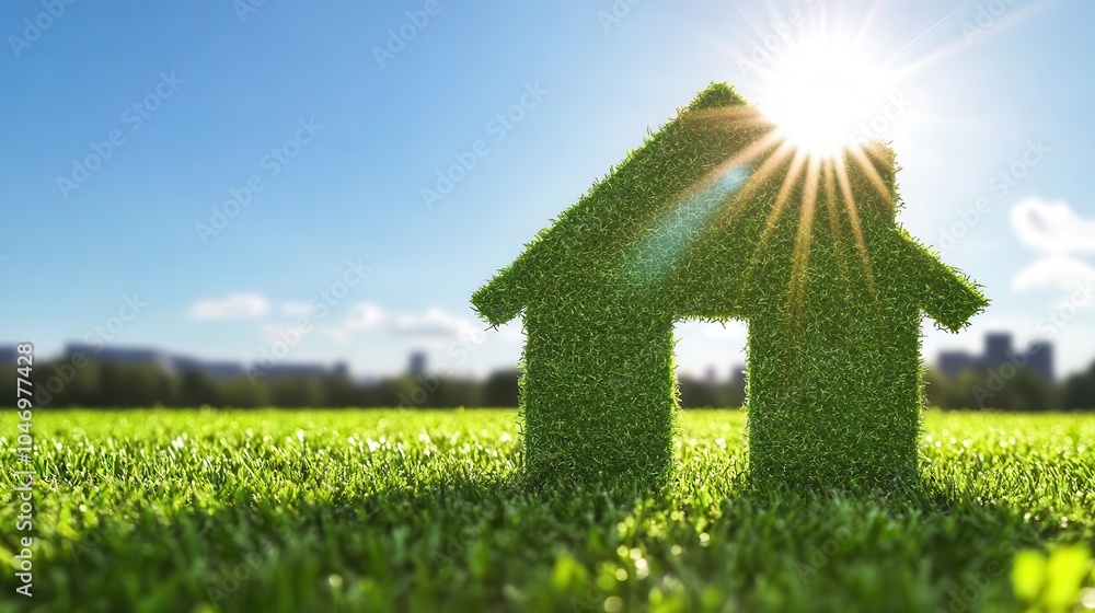 conceptual illustration of a green eco-friendly home nestled on a lush lawn, with the sun shining brightly to symbolize sustainable living and construction conceptual illustration of a green eco-friendly home nestled on a lush lawn, with the sun shining brightly to symbolize sustainable living and construction