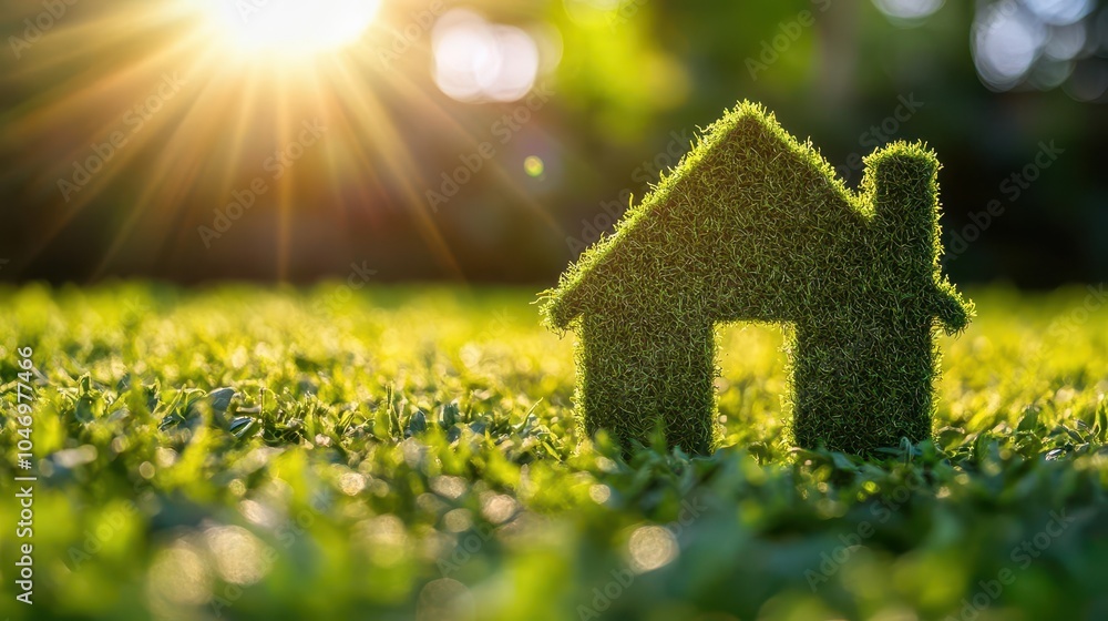 conceptual illustration of a green home with a house icon on lush green grass, radiant sun above, embodying eco-friendly construction principles and sustainability conceptual illustration of a green home with a house icon on lush green grass, radiant sun above, embodying eco-friendly construction principles and sustainability