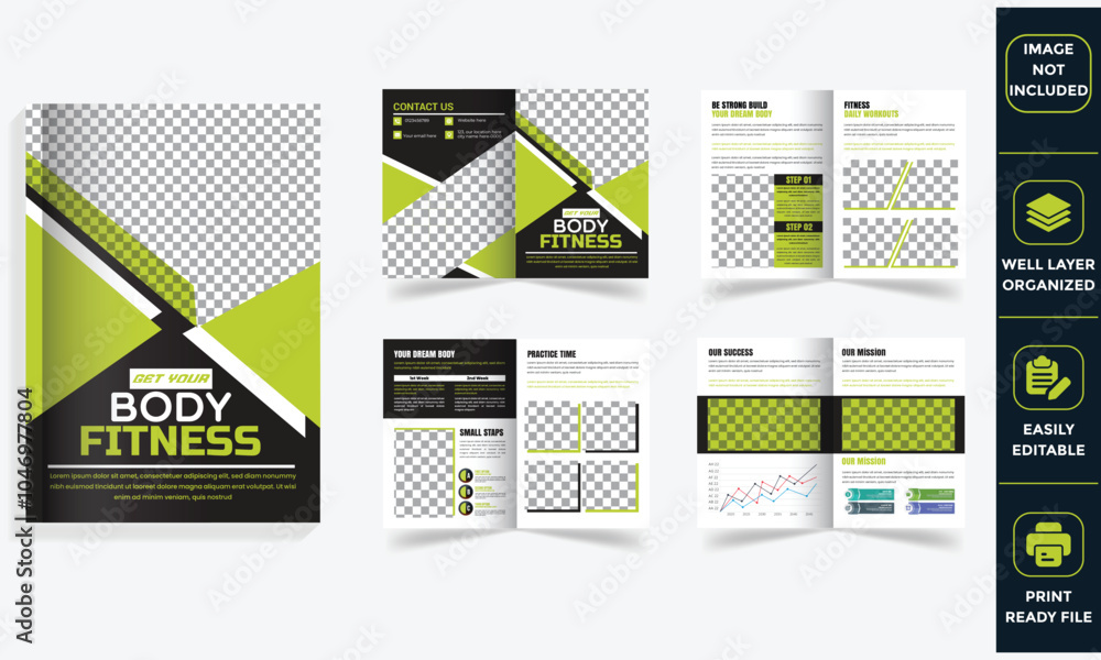 Design a fitness or gym brochure catalog template. Focus on fitness