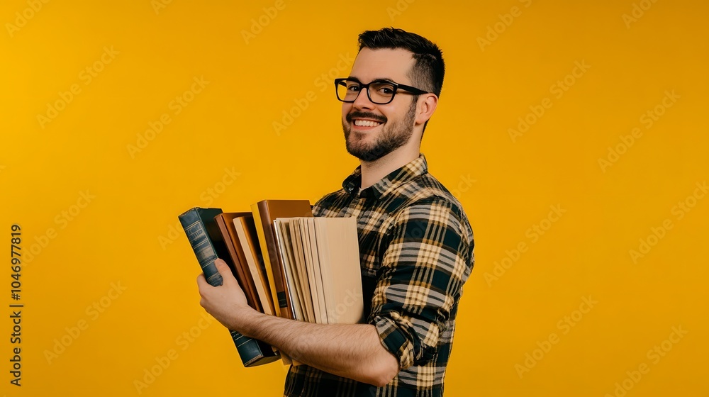 Smiling man holding books against a vibrant yellow background. Smiling man holding books against a vibrant yellow background.