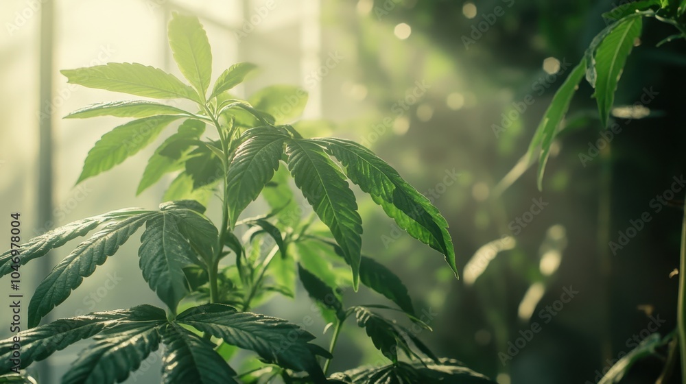 Cannabis plant with lush green leaves, growing in a well-lit greenhouse, offering plenty of room for text or design related to healthcare or medicinal farming