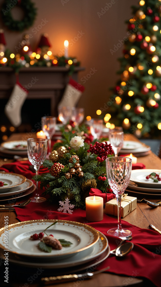 Festive Christmas Dinner Setting: Elegant Table for Holiday Marketing, Restaurant Promotions, and Event Planning Festive Christmas Dinner Setting: Elegant Table for Holiday Marketing, Restaurant Promotions, and Event Planning