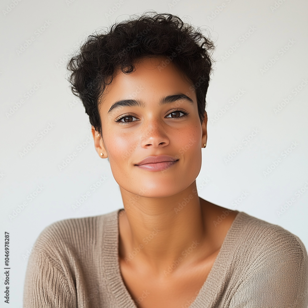 Professional studio style head shot photo of an attractive young pale skinned black or mixed race woman with short hair, smiling, natural light and minimal makeup, Professional studio style head shot photo of an attractive young pale skinned black or mixed race woman with short hair, smiling, natural light and minimal makeup,
