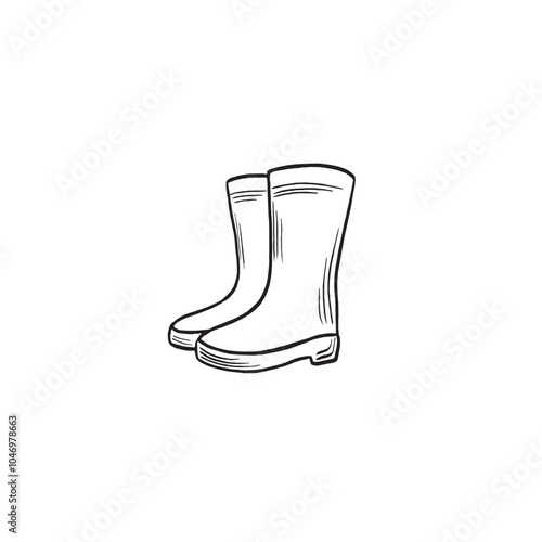 Rubber autumn boots sketch. Vector graphic line illustration hand drawn isolated. Black and white doodle. Safety waterproof shoes for gardening and wet rainy weather. Clipart for card, print, website.