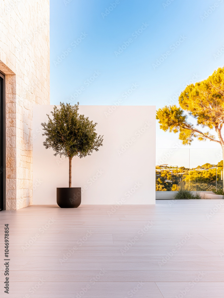 Fototapeta premium Modern outdoor space featuring a potted tree, minimalist design, and clear blue sky in the afternoon