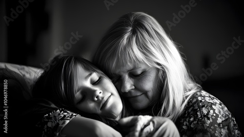 Tender embrace between a young girl and an older woman in a serene moment. photo