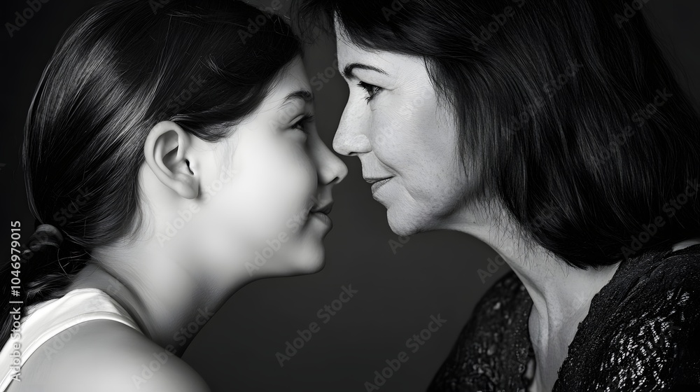 Side profile of a mother and daughter sharing a loving gaze in black and white. Side profile of a mother and daughter sharing a loving gaze in black and white.