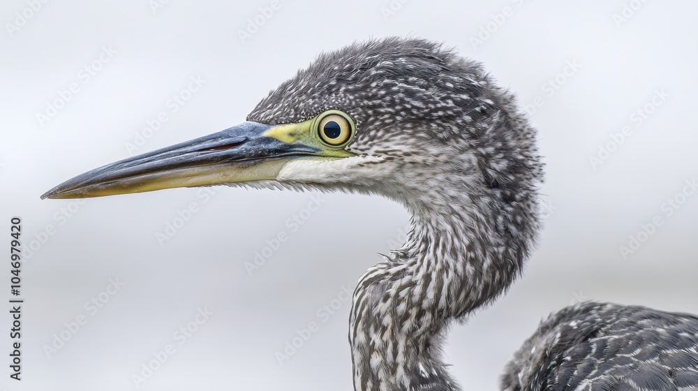 Close-up of a juvenile blue heron standing on a pier at Fish Haul Beach, against a serene ocean backdrop, with ample room for text or design Close-up of a juvenile blue heron standing on a pier at Fish Haul Beach, against a serene ocean backdrop, with ample room for text or design