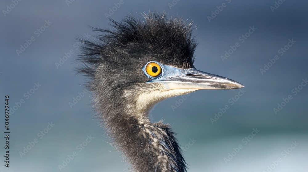 Close-up of a juvenile blue heron standing on a pier at Fish Haul Beach, against a serene ocean backdrop, with ample room for text or design