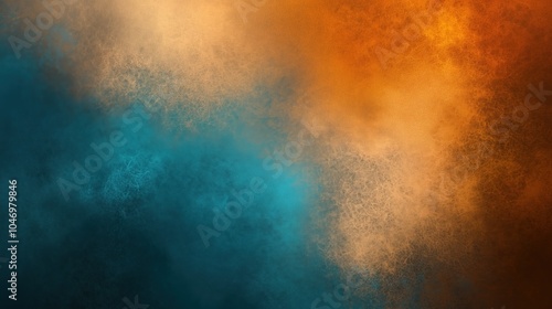 Abstract background with contrasting orange and teal hues blended seamlessly, featuring a subtle dust texture overlay. The design includes soft gradations and textured layers, creating depth and warmt