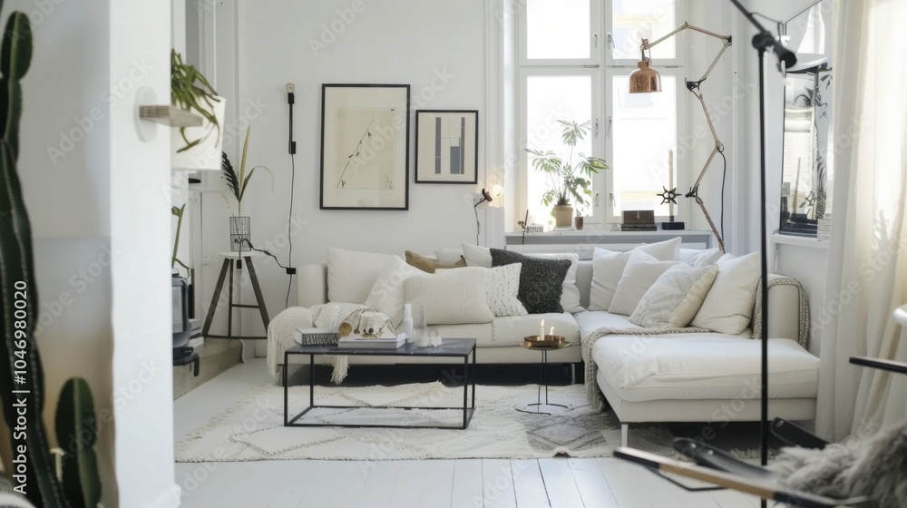 A cozy Scandinavian-inspired living room design boasting a white canvas backdrop, Accentuated with hygge-inspired textiles and minimalist furniture, Scandinavian hygge style A cozy Scandinavian-inspired living room design boasting a white canvas backdrop, Accentuated with hygge-inspired textiles and minimalist furniture, Scandinavian hygge style