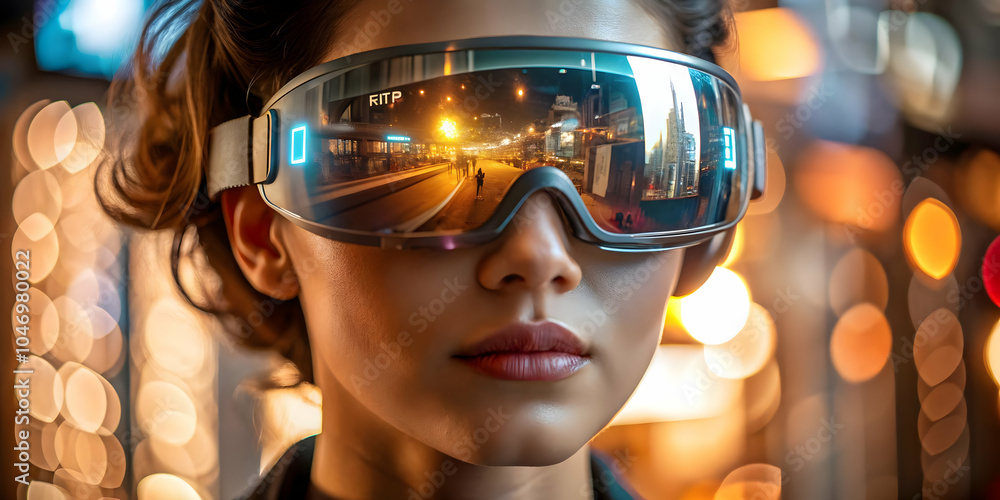 Close up portrait person wearing augmented reality glasses futuristic wearable technology image highlights ideal Science Fiction Day promotions space text advertisements banners photo stock concept Close up portrait person wearing augmented reality glasses futuristic wearable technology image highlights ideal Science Fiction Day promotions space text advertisements banners photo stock concept