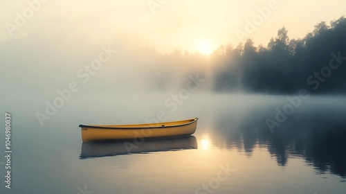 An enchanting image of a single yellow rowboat adrift on a fog-laden lake at sunset, with the warm glow of the sun peeking through the mist, casting a magical ambiance over the serene waters