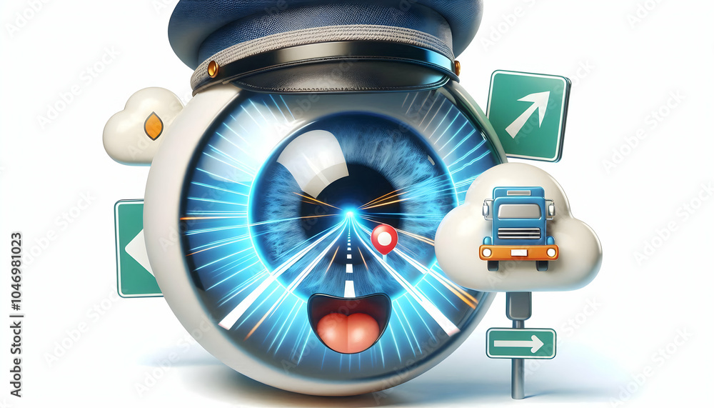 3D Close Up Excited Driver's Eye Reflection Holographic Road Signs Macro Shot Futuristic Driving Experience Advanced Technology Icon White Background 3D Close Up Excited Driver's Eye Reflection Holographic Road Signs Macro Shot Futuristic Driving Experience Advanced Technology Icon White Background