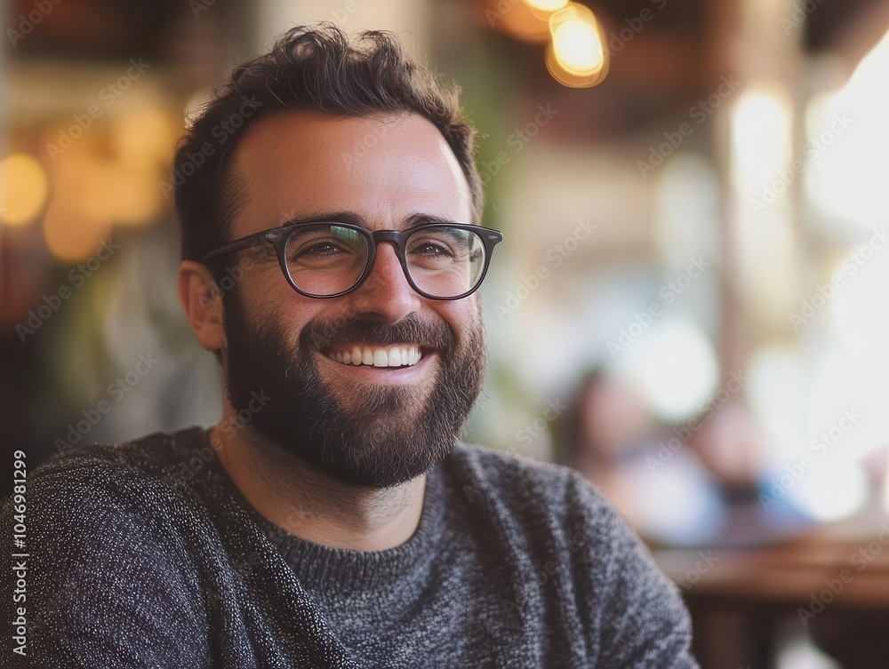 Fototapeta premium a smiling bearded man with glasses relaxes in a casual setting, exuding warmth and friendliness, inviting connection and conversation