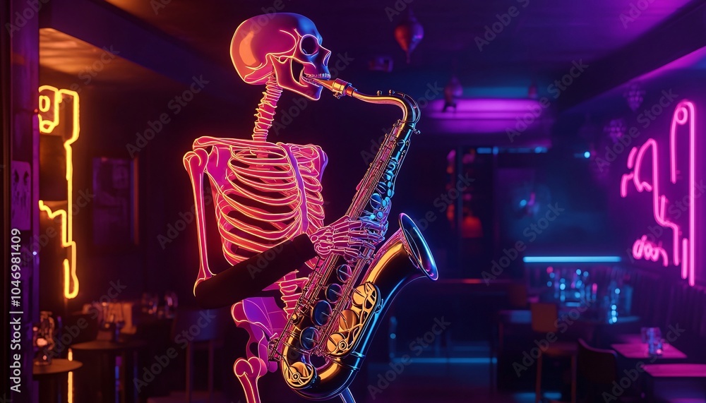 Naklejka premium Neon Skeleton Saxophonist