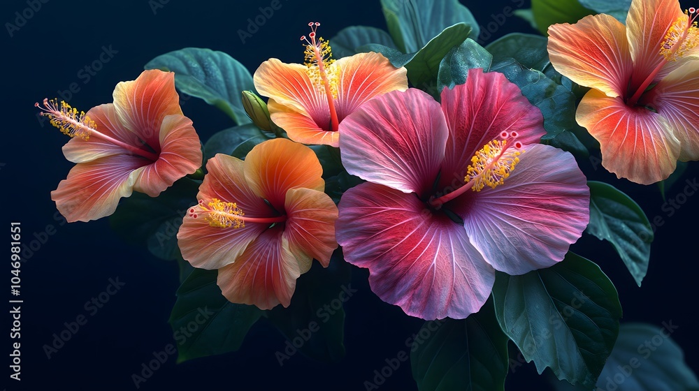 Vibrant Hibiscus Flowers with Green Leaves on a Dark Background - Tropical Floral Photography. Vibrant Hibiscus Flowers with Green Leaves on a Dark Background - Tropical Floral Photography.