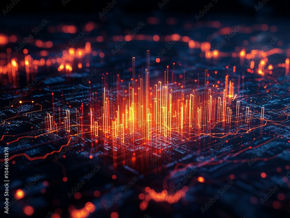 Fototapeta premium Abstract data visualization with glowing orange lines and bars.