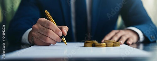 Businessman signing document with coins on the table.