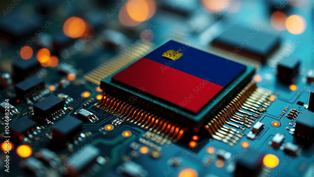 A Liechtenstein themed chip is embedded on a circuit board with illuminated pathways, highlighting innovation in electronics and cutting-edge hardware. A Liechtenstein themed chip is embedded on a circuit board with illuminated pathways, highlighting innovation in electronics and cutting-edge hardware.