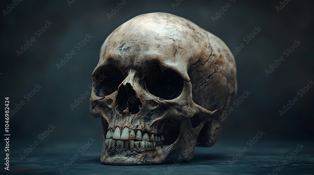 Human Skull on Dark Background, 3D Render, Realistic Scary Halloween Skeleton, Horror, Death, Anatomy, Medical Illustration. Human Skull on Dark Background, 3D Render, Realistic Scary Halloween Skeleton, Horror, Death, Anatomy, Medical Illustration.