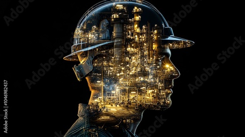 Silhouette of a worker with a double exposure of an industrial scene, representing the fusion of human effort and technology in industry.