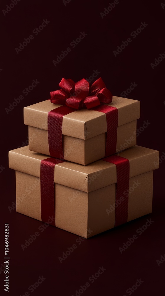Obraz premium Two neatly wrapped gift boxes with red ribbons adorn a dark backdrop, capturing the spirit of giving and the excitement of Black Friday shopping