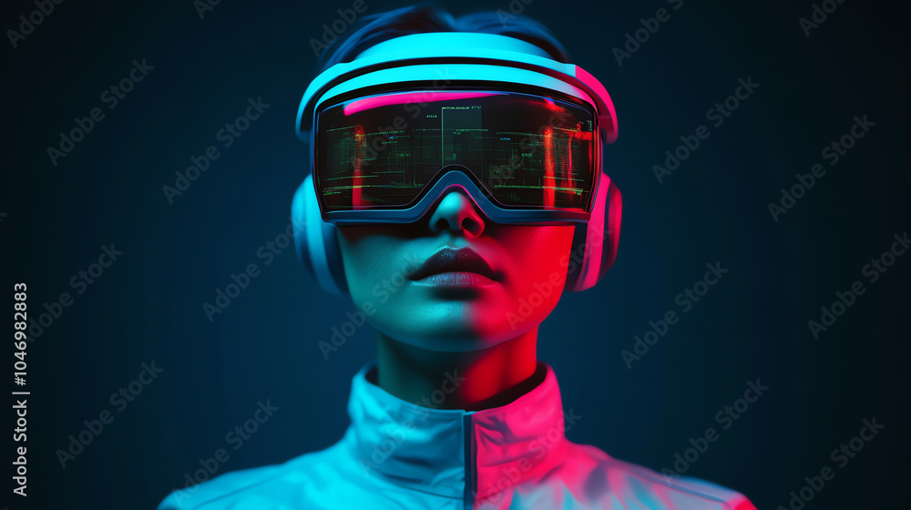 A futuristic woman wearing virtual reality goggles and headphones, illuminated by vibrant neon lights against a dark backdrop. A futuristic woman wearing virtual reality goggles and headphones, illuminated by vibrant neon lights against a dark backdrop.