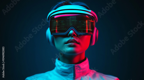 A futuristic woman wearing virtual reality goggles and headphones, illuminated by vibrant neon lights against a dark backdrop.