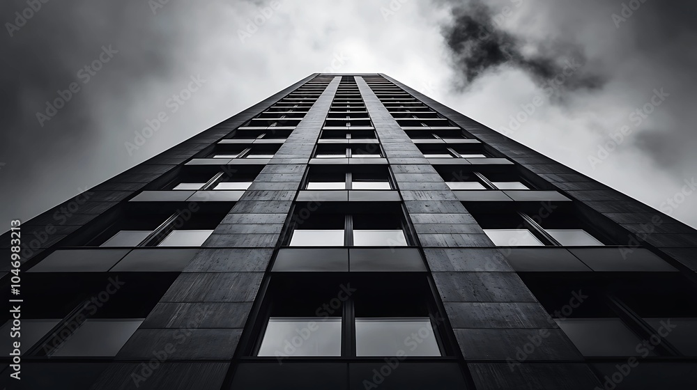 A dramatic black-and-white shot of a futuristic skyscraper with bold architectural features, looking upwards from the base of the building, creating a sense of scale and grandeur A dramatic black-and-white shot of a futuristic skyscraper with bold architectural features, looking upwards from the base of the building, creating a sense of scale and grandeur