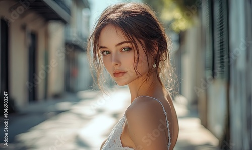 A beautiful woman in a white dress, her hair up and wearing a necklace, looks directly at the camera. She stands on a street in a French town