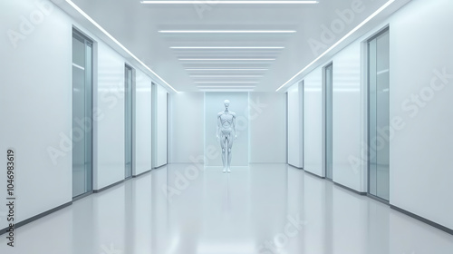 Futuristic corridor with glass doors, white walls, and bright lighting, featuring a transparent figure in the center, ideal for modern design themes.