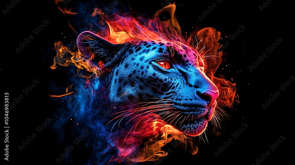 A vibrant, artistic representation of a leopard's head, illuminated with fiery colors against a dark background. A vibrant, artistic representation of a leopard's head, illuminated with fiery colors against a dark background.