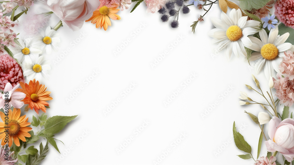Fototapeta premium Romantic Flower Border for Celebrations, gifts, birthdays, parties, events, printing A somber arrangement of funeral flowers against a stark white background 
