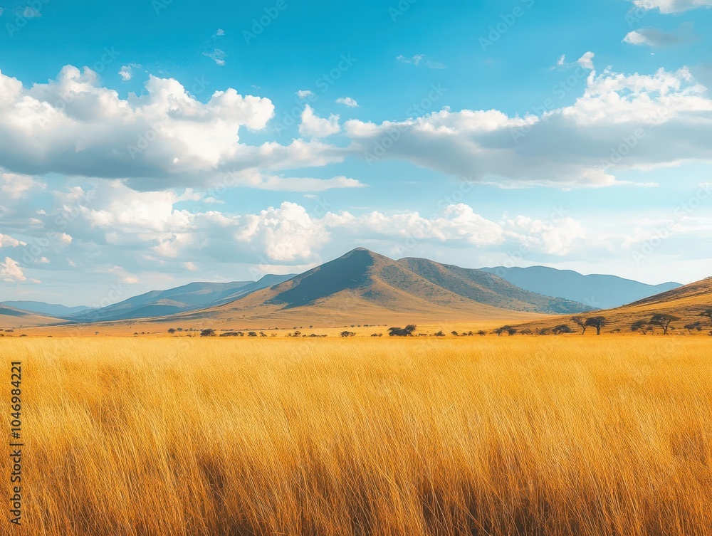 an expansive african savanna showcases golden grasses and majestic mountains, embodying the wild beauty of nature within a protected national park environment an expansive african savanna showcases golden grasses and majestic mountains, embodying the wild beauty of nature within a protected national park environment