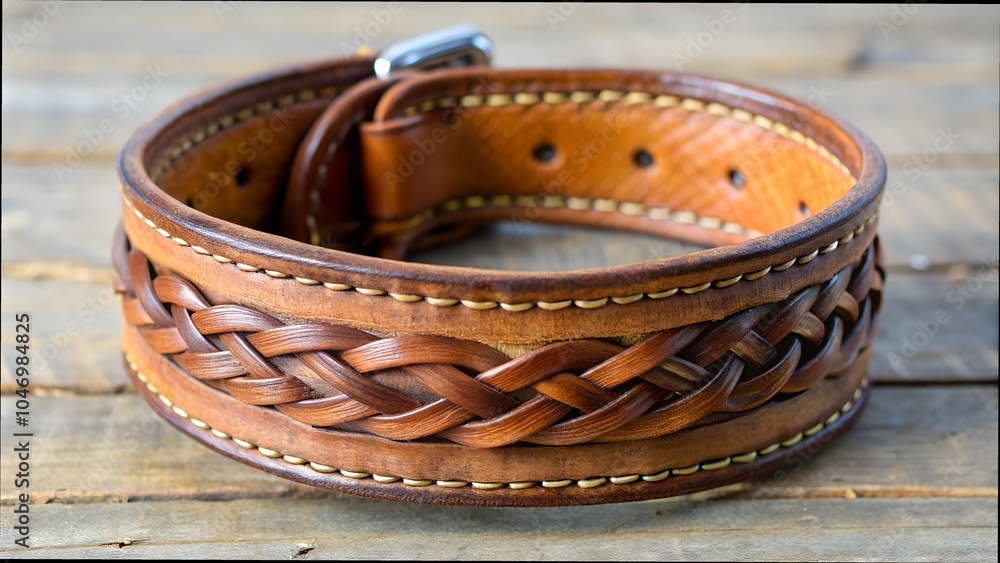 The image shows belts with metal buckles on a wooden table. The image shows belts with metal buckles on a wooden table.
