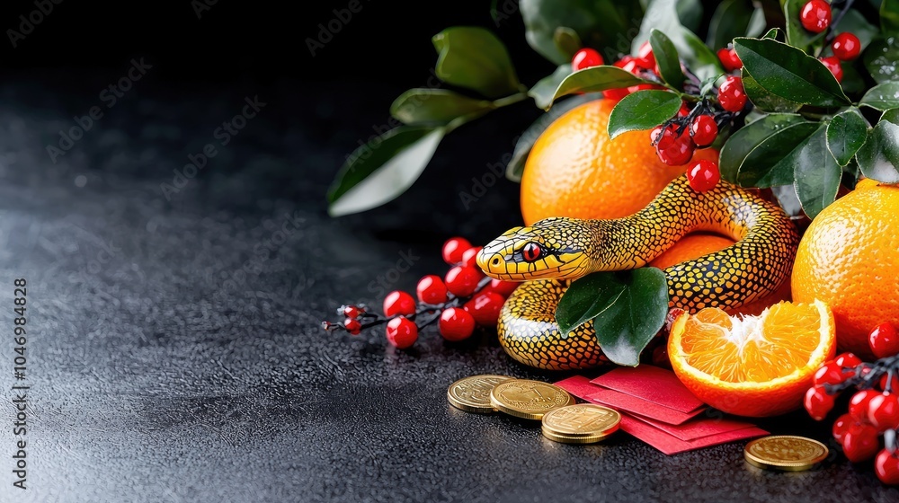 Gold snake figurine with red envelopes for Lunar New Year. Gold snake figurine with red envelopes for Lunar New Year.