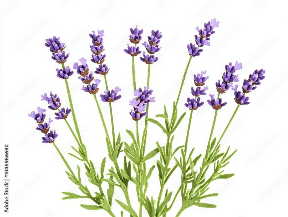 Obraz premium bunch of lavender cutout against a pristine white background, highlighting the delicate purple blooms and green stems, evoking a sense of calm and natural beauty