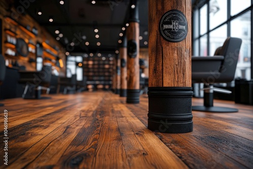 A chic barbershop set within a spacious interior showcasing polished wooden floors, rustic decor, and stylish seating against a backdrop of expansive windows. photo