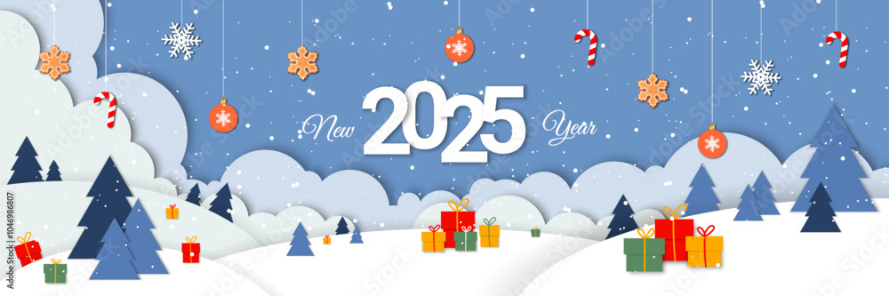 Merry Christmas and Happy New Year banner, card template in a paper cut out effect. Vector Illustration Merry Christmas and Happy New Year banner, card template in a paper cut out effect. Vector Illustration