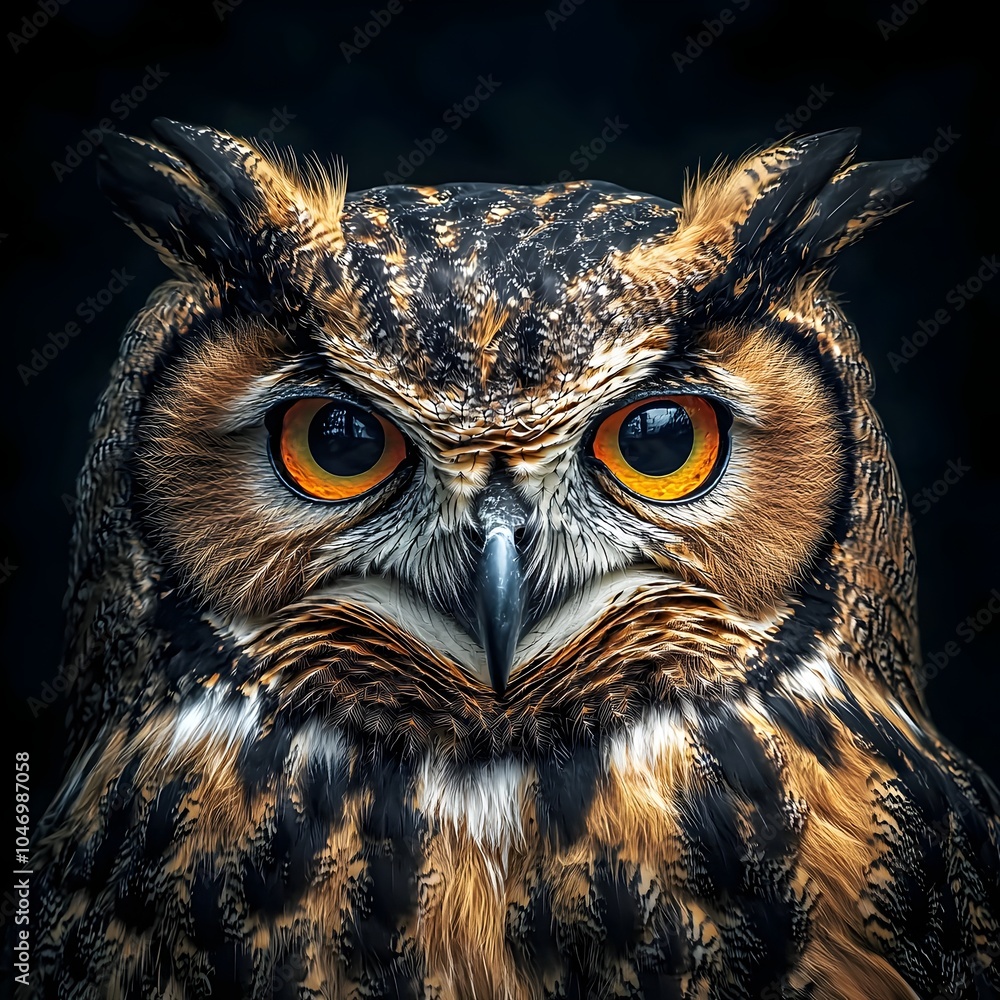 A Close up Majestic Owl with Fluffed Feathers and Intense Golden Eyes Symbolizing Wisdom and Nocturnal Vigilance A Close up Majestic Owl with Fluffed Feathers and Intense Golden Eyes Symbolizing Wisdom and Nocturnal Vigilance