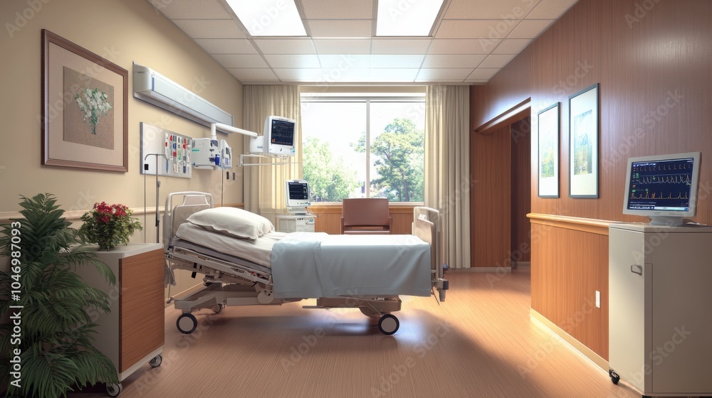 Fototapeta premium Inpatient care room with a comfortable bed, medical monitors, and a clean, organized space, creating a professional healthcare stock photo