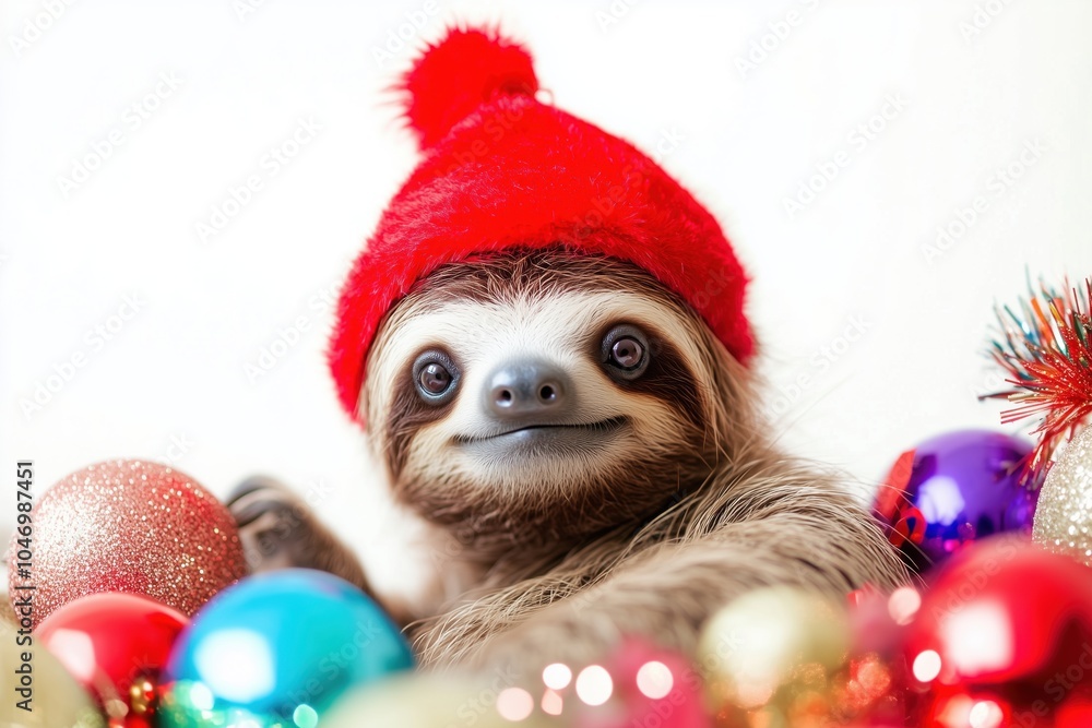 a sloth in a red knitted hat with New Year's toys and gifts on a white background a sloth in a red knitted hat with New Year's toys and gifts on a white background