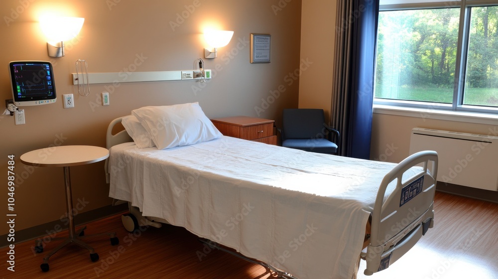 Inpatient room featuring a single patient bed, clean sheets, and a side table, with soft lighting and medical monitors, suitable for a recovery-focused stock image Inpatient room featuring a single patient bed, clean sheets, and a side table, with soft lighting and medical monitors, suitable for a recovery-focused stock image