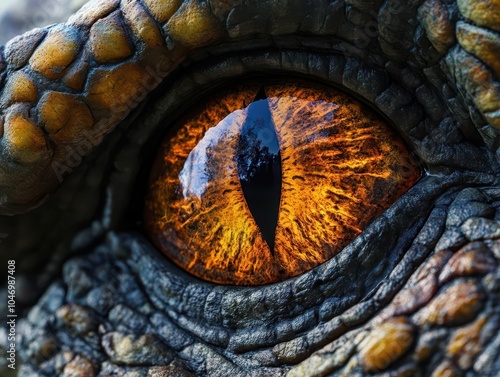 close-up of a fierce predator dinosaur's eye, showcasing intricate details and striking colors, conveying a sense of power and primal instinct in a prehistoric context