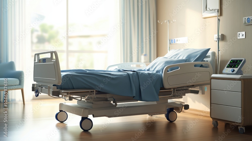 Inpatient room with a hospital bed, side table, and medical devices, with bright lighting and a clean environment, suitable for a medical care stock image Inpatient room with a hospital bed, side table, and medical devices, with bright lighting and a clean environment, suitable for a medical care stock image