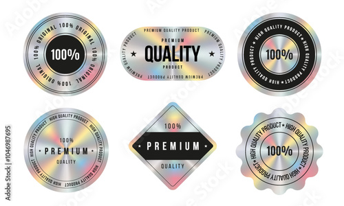 Set of color holographic sticker templates, label with holographic effect. Shiny rainbow emblems for premium quality product. Vector illustration