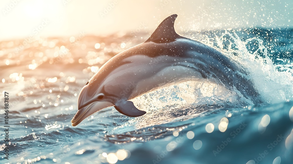 Fototapeta premium Joyful Dolphin Leaping Above Sparkling Ocean Waves in Sunlight