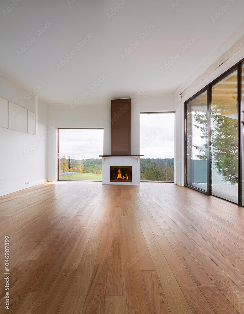 Fototapeta premium Modern minimalist interior with a cozy fireplace and scenic view