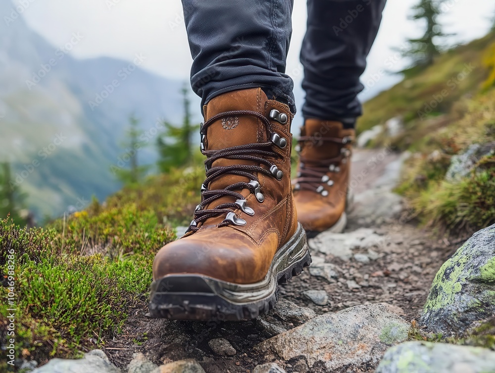 close-up of rugged leather hiking boots trekking up a mountainous trail, with rocky terrain and greenery in the background, showcasing adventure and outdoor exploration close-up of rugged leather hiking boots trekking up a mountainous trail, with rocky terrain and greenery in the background, showcasing adventure and outdoor exploration